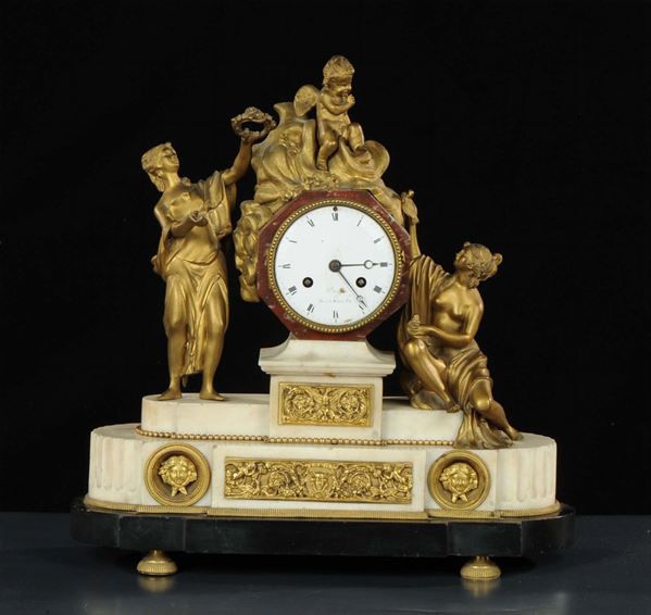 Orologio da tavolo in marmo bianco e bronzo dorato, Dreyfs, Francia XIX secolo