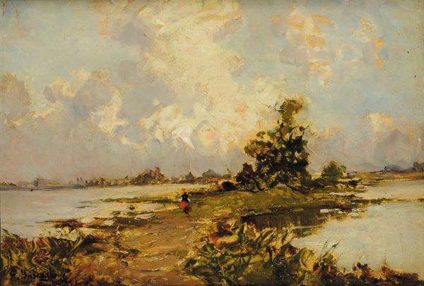 Giuseppe Buscaglione (1868-1928) Paesaggio lacustre con figura