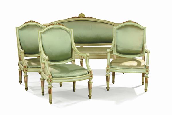 Suite Luigi XVI comprendente divano e nove poltrone, fine XVIII secolo