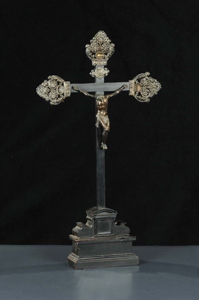 Crocefisso in Argento su Croce Ebanizzata, XIX Secolo