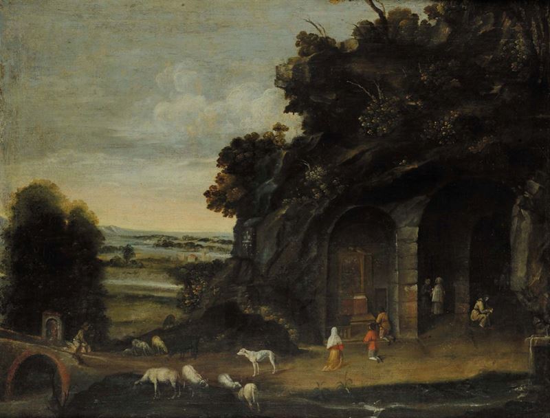 Scuola del XVII secolo Adorazione di pastori davanti ad edicola  - Auction Old Paintings and Furnitures - Cambi Casa d'Aste