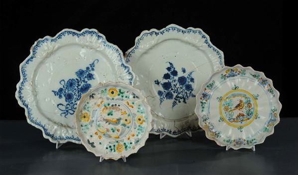 Cinque piatti in maiolica di misure differenti, XVIII-XIX secolo