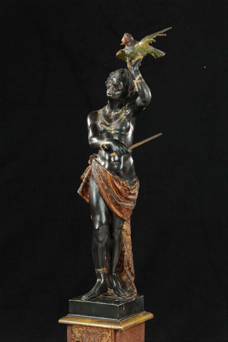 Scultura in Legno Raffigurante Moretto con Volatile, XIX Secolo