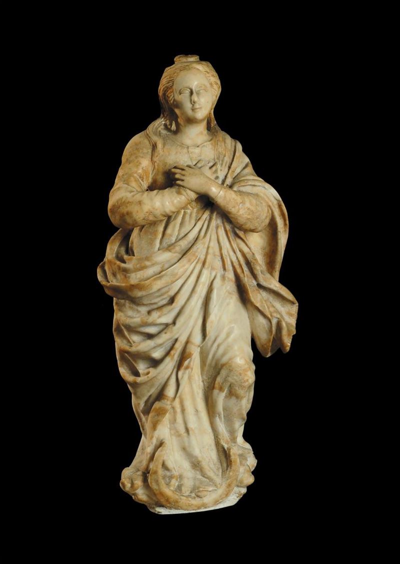 Figura di Madonna Immacolata in marmo, ambito dei Gaggini, Genova XVII secolo  - Asta Scultura e Oggetti d'Arte - Cambi Casa d'Aste