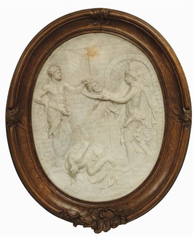 Altorilievo Ovale in Marmo Bianco Raffigurante la Decapitazione di Giovanni Battista, Germania XV...