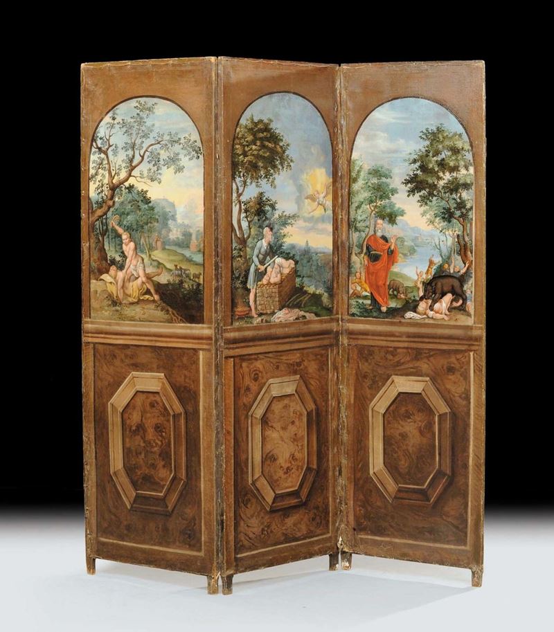 Paravento a tre ante decorate in policromia con paesaggi e personaggi, XIX secolo  - Auction Old Paintings and Furnitures - Cambi Casa d'Aste