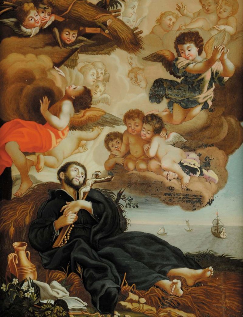 Dipinto sottovetro raffigurante S.Francesco Xavier, Venezia XVIII secolo  - Asta Antiquariato e Dipinti Antichi - Cambi Casa d'Aste