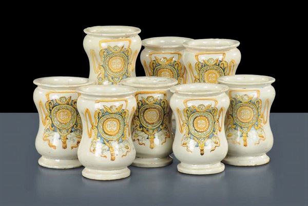 Otto albarelli in maiolica bianco, Napoli XVII secolo