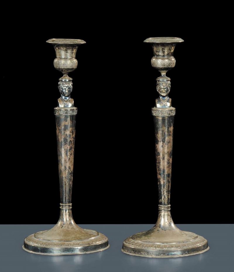 Candelieri in argento con Giano Bifronte, Roma XIX secolo  - Auction Silver, Clocks and Jewels - Cambi Casa d'Aste