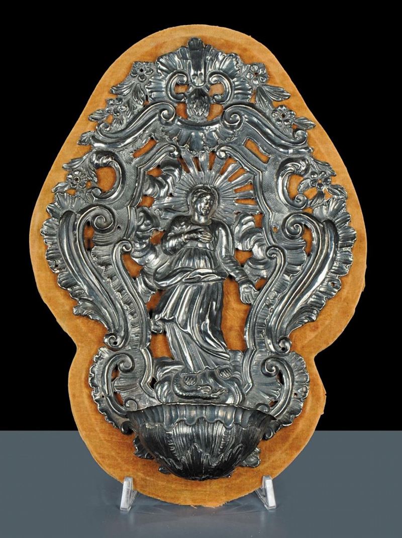 Acquasantiera in argento sbalzato, Genova XVIII secolo  - Asta Gioielli, Argenti ed Orologi Antichi e Contemporanei - Cambi Casa d'Aste