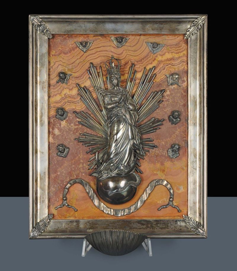Acquasantiera in bronzo su fondo in pietra paesina, Genova 1830  - Auction Old Paintings and Furnitures - Cambi Casa d'Aste