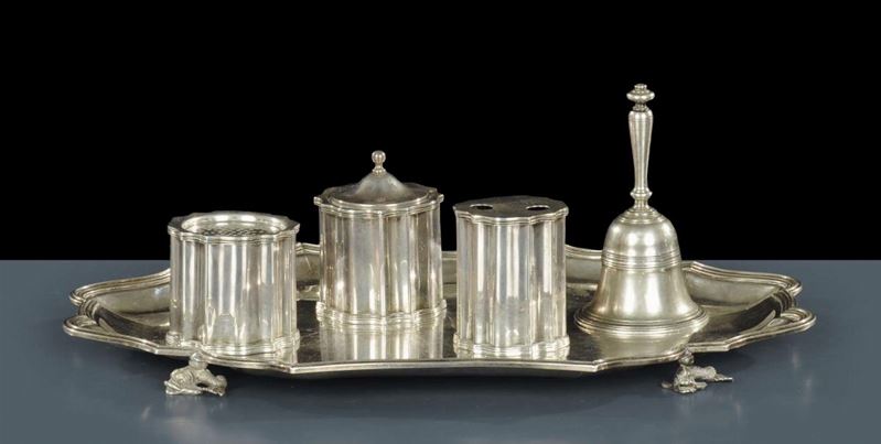Calamaio in argento composto da cinque pezzi, Roma inizi XIX secolo  - Auction Silver, Clocks and Jewels - Cambi Casa d'Aste
