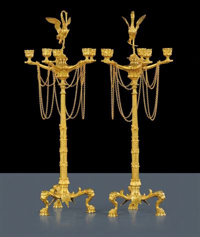 Coppia di Candelabri a Cinque Luci in Bronzo Dorato, Francia XIX Secolo