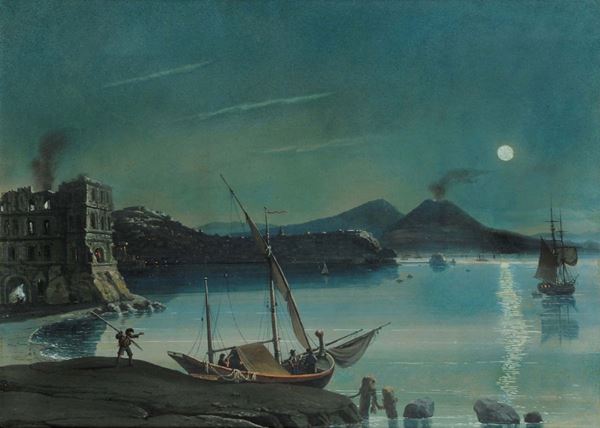 Anonimo Napoletano del XIX secolo Veduta notturna del golfo di Napoli