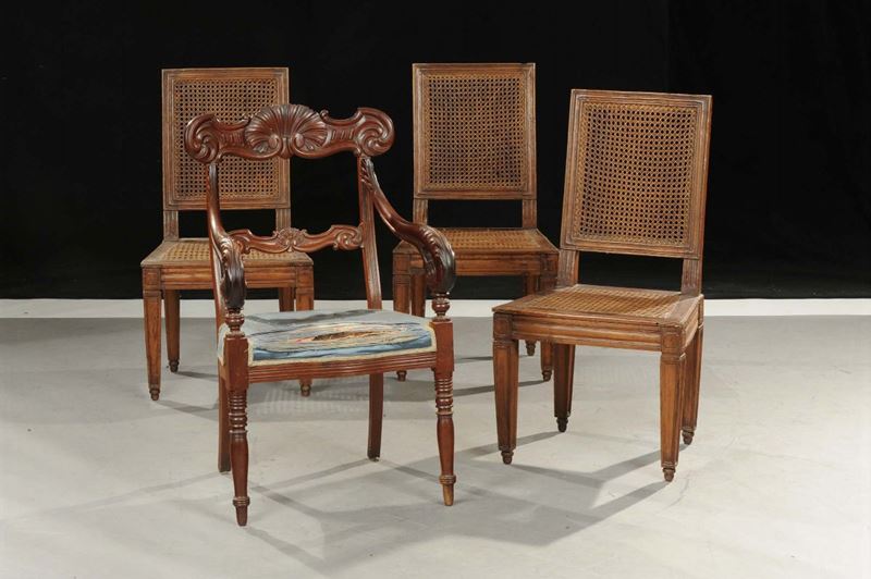 Lotto di tre sedie Luigi XVI e poltrona Carlo X  - Auction Antiquariato e Dipinti Antichi - Cambi Casa d'Aste