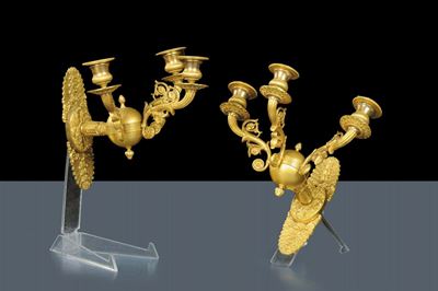 Coppia di Appliques Carlo X in Bronzo Dorato, XIX Secolo
