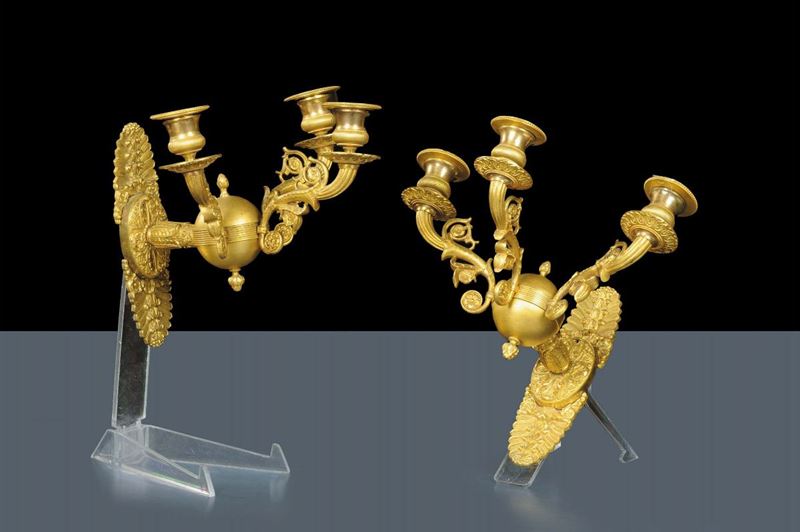 Coppia di appliques Carlo X in bronzo dorato, XIX secolo  - Asta Antiquariato e Dipinti Antichi - Cambi Casa d'Aste