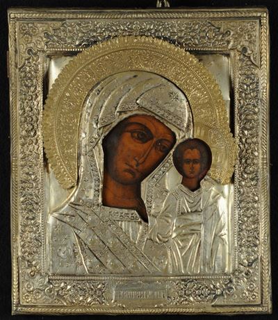 Icona Raffigurante Madonna con Riza in Argento, XIX Secolo