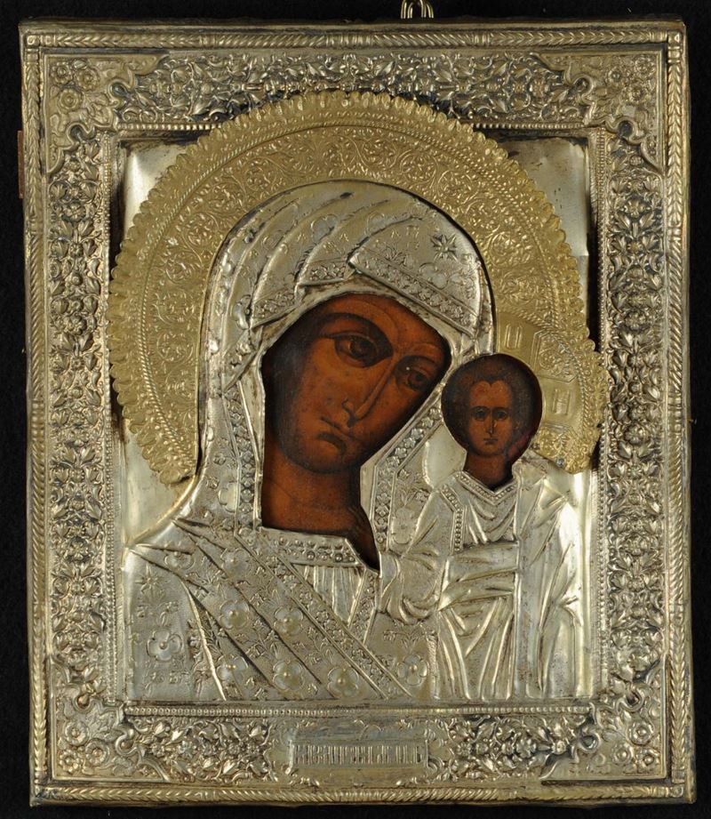 Icona raffigurante Madonna con riza in argento, XIX secolo  - Auction Old Paintings and Furnitures - Cambi Casa d'Aste