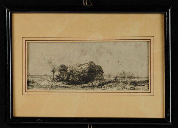 Stampa raffigurante paesaggio con casolare, XIX secolo