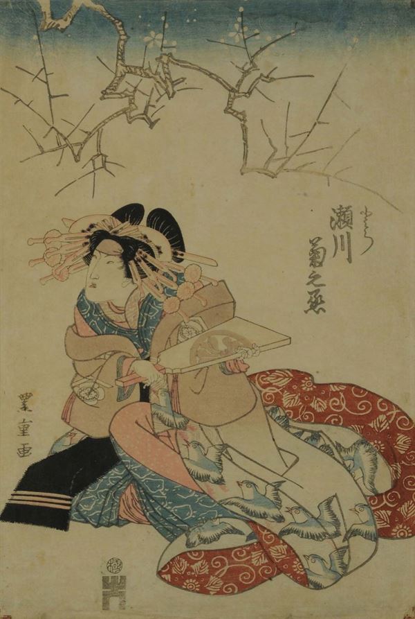 Incisione su carta raffigurante figura femminile con ventagli, Giappone XVIII-XIX secolo