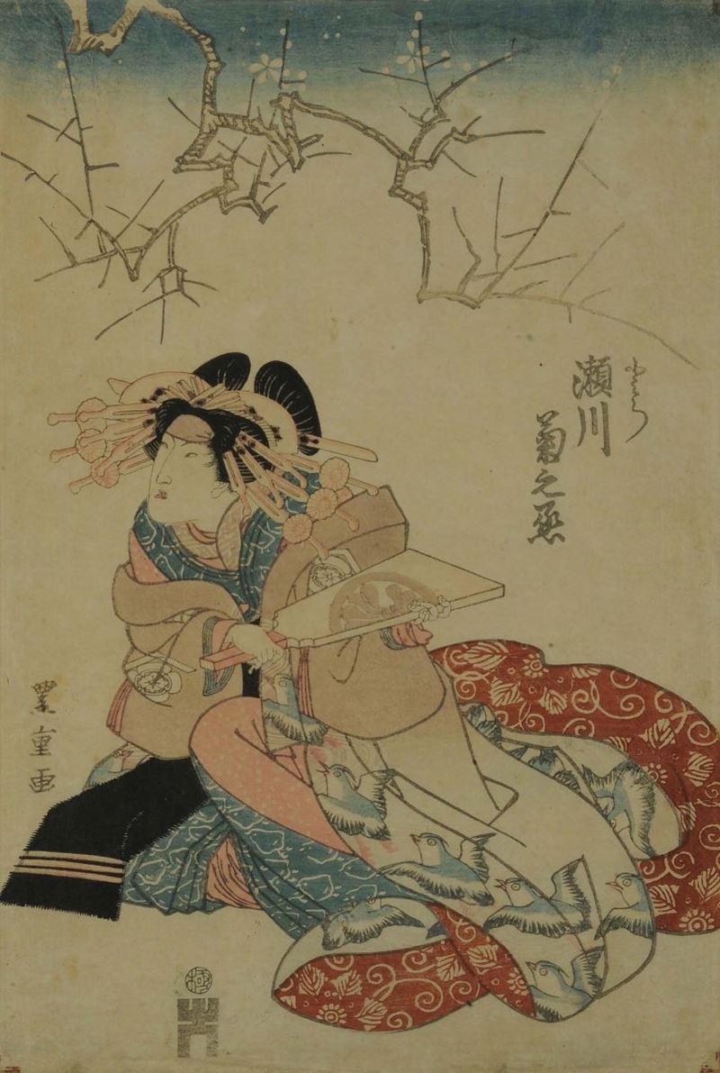 Incisione su carta raffigurante figura femminile con ventagli, Giappone XVIII-XIX secolo  - Auction Oriental Art - Cambi Casa d'Aste
