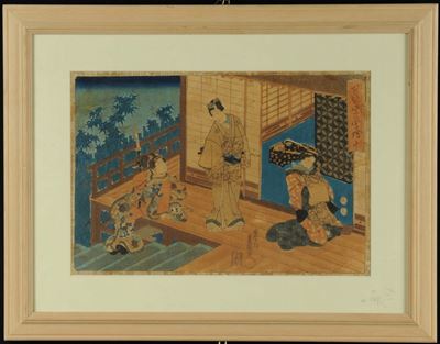 Incisione su Carta Raffigurante Due Samurai e Figura Femminile, Giappone XIX Secolo