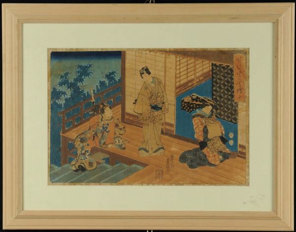 Incisione su carta raffigurante due Samurai e figura femminile, Giappone XIX secolo