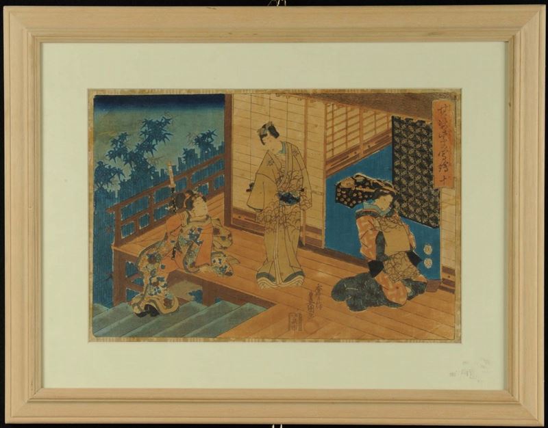 Incisione su carta raffigurante due Samurai e figura femminile, Giappone XIX secolo  - Asta Arte Orientale - Cambi Casa d'Aste