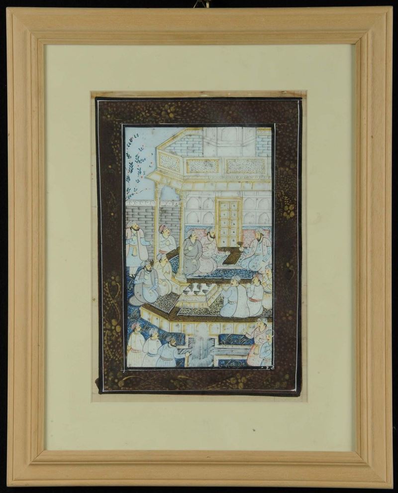 Miniatura su carta raffigurante banchetto, Persia XIX-XX secolo  - Asta Arte Orientale - Cambi Casa d'Aste