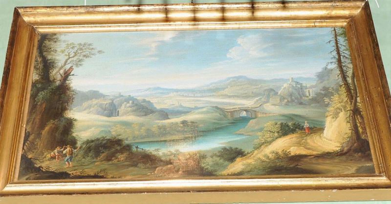 Scuola del XVIII secolo Paesaggio fluviale con figure  - Asta Antiquariato, Argenti e Dipinti Antichi - Cambi Casa d'Aste