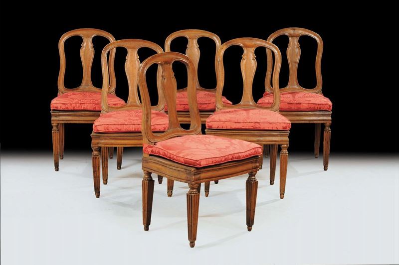 Sei sedie Luigi XVI in noce intagliato, XVIII secolo  - Auction Old Paintings and Furnitures - Cambi Casa d'Aste