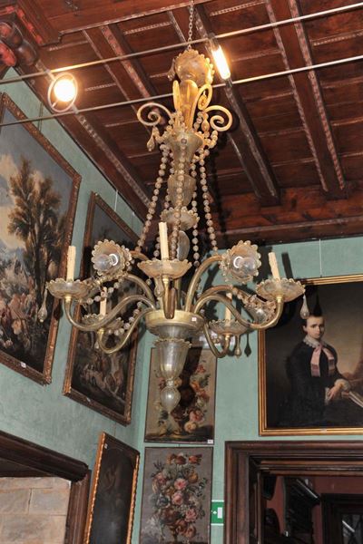 Lampadario in Vetro di Murano Ambrato a Dieci Luci, XX Secolo