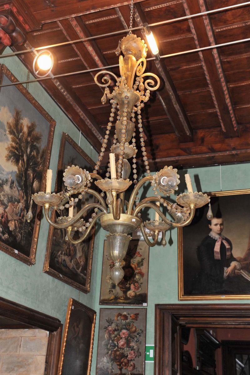 Lampadario in vetro di Murano ambrato a dieci luci, XX secolo  - Asta Asta OnLine 05-2012 - Cambi Casa d'Aste