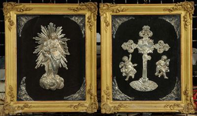Madonnina e Crocifisso in Argento Sbalzato, Genova XIX Secolo