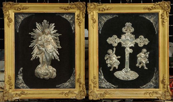 Madonnina e crocifisso in argento sbalzato, Genova XIX secolo