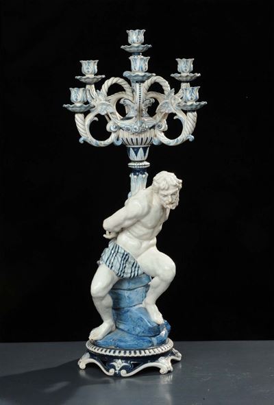 Candeliere Ginori a Sette Luci in Porcellana Bianca e Blu, XIX Secolo