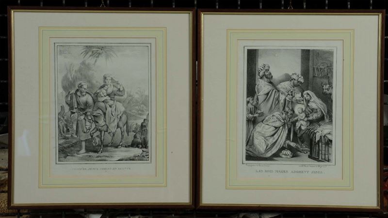 Coppia di stampe raffiguranti Adorazione dei Re Magi e Fuga in Egitto  - Auction Old Paintings and Furnitures - Cambi Casa d'Aste