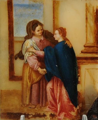 Placca in Alabastro Raffigurante Maria in Visita alla Cugina, XVIII Secolo