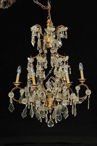 Lampadario a Sette Luci in Legno e Cristalli, XIX Secolo