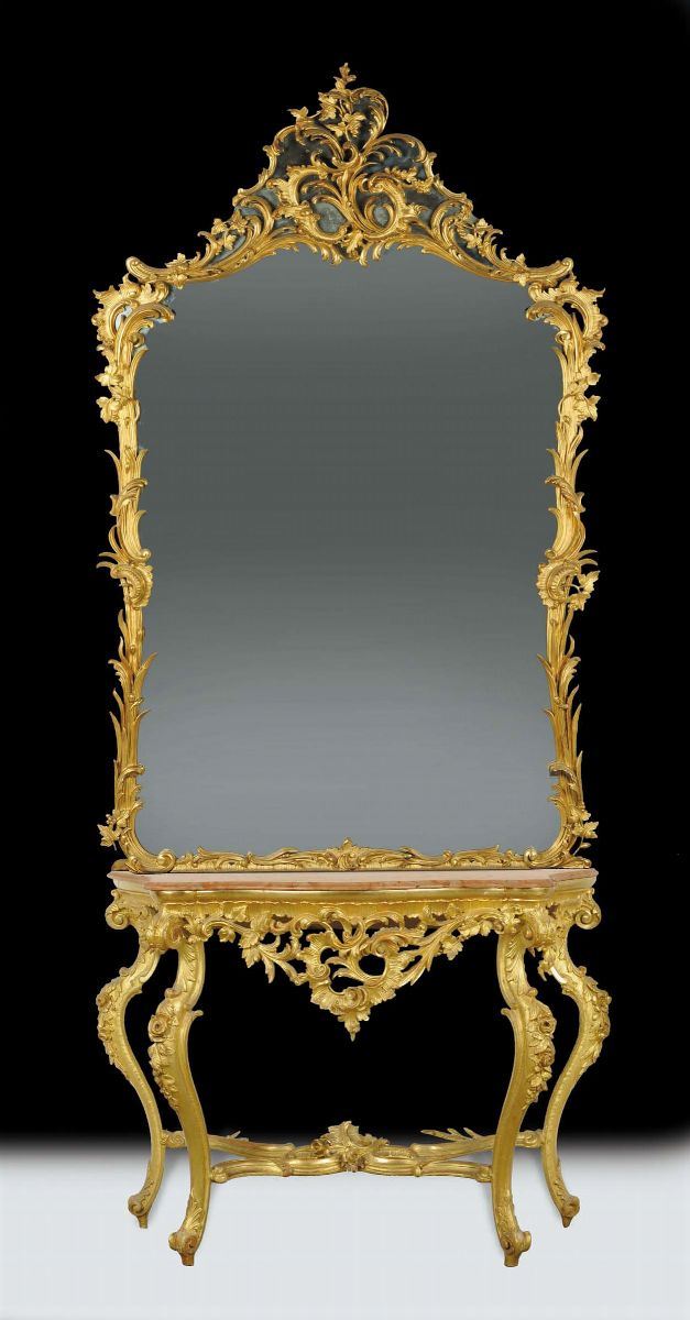 Console con specchiera in stile barocchetto in legno intagliato e dorato, XIX secolo  - Asta Antiquariato e Dipinti Antichi - Cambi Casa d'Aste