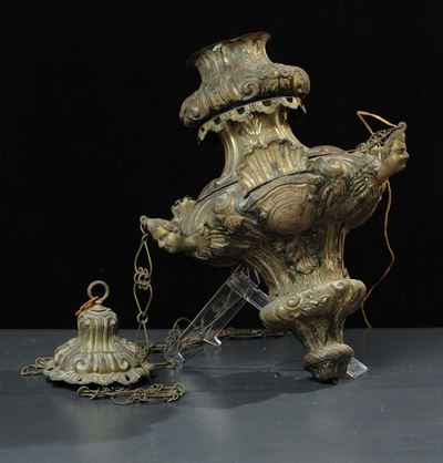 Lampada Votiva in Metallo Sbalzato, XIX Secolo