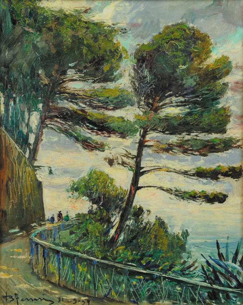 Berto Ferrari (1887-1965) Strada in riva al mare, 1959  - Asta Antiquariato e Dipinti Antichi - Cambi Casa d'Aste