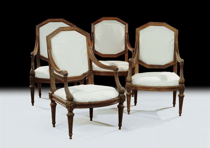 Quattro poltrone Luigi XVI in noce, Genova fine XVIII secolo  - Auction Old Paintings and Furnitures - Cambi Casa d'Aste