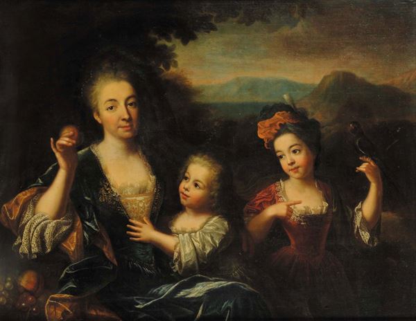Giuseppe Palmieri (1677-1740) Ritratto di dama con i figli entro giardino