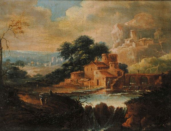 Scuola del XVIII secolo Paesaggio fantastico con borgo e cascate