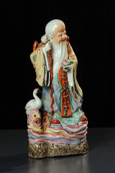 Saggio con Cicogna in Porcellana, Cina Fine XIX Secolo
