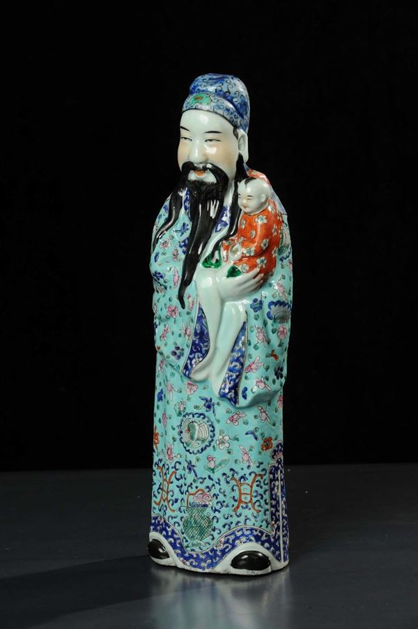 Saggio con bambino in porcellana, Cina fine XIX secolo