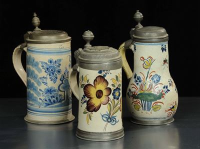 Tre Tankard in Maiolica e Peltro, XVIII Secolo