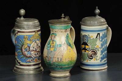 Tre Tankard in Maiolica e Peltro, XVIII Secolo